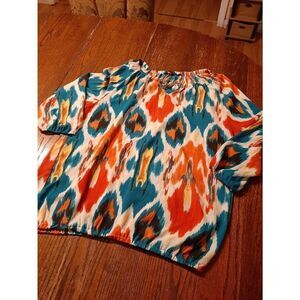 Large Zac & Rachel 3/4 Sleeve Neck Chain Detail Shirt Blouse Top Colorful